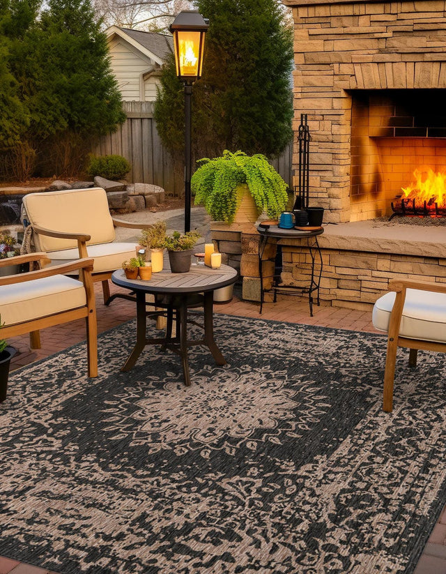 Black 10' x 10' Outdoor Traditional Square Area Rug Weather Resistant for Patio, Deck, Terrace, Balcony, Porch Classical Design Outside Carpet for Sale at Rug Engine