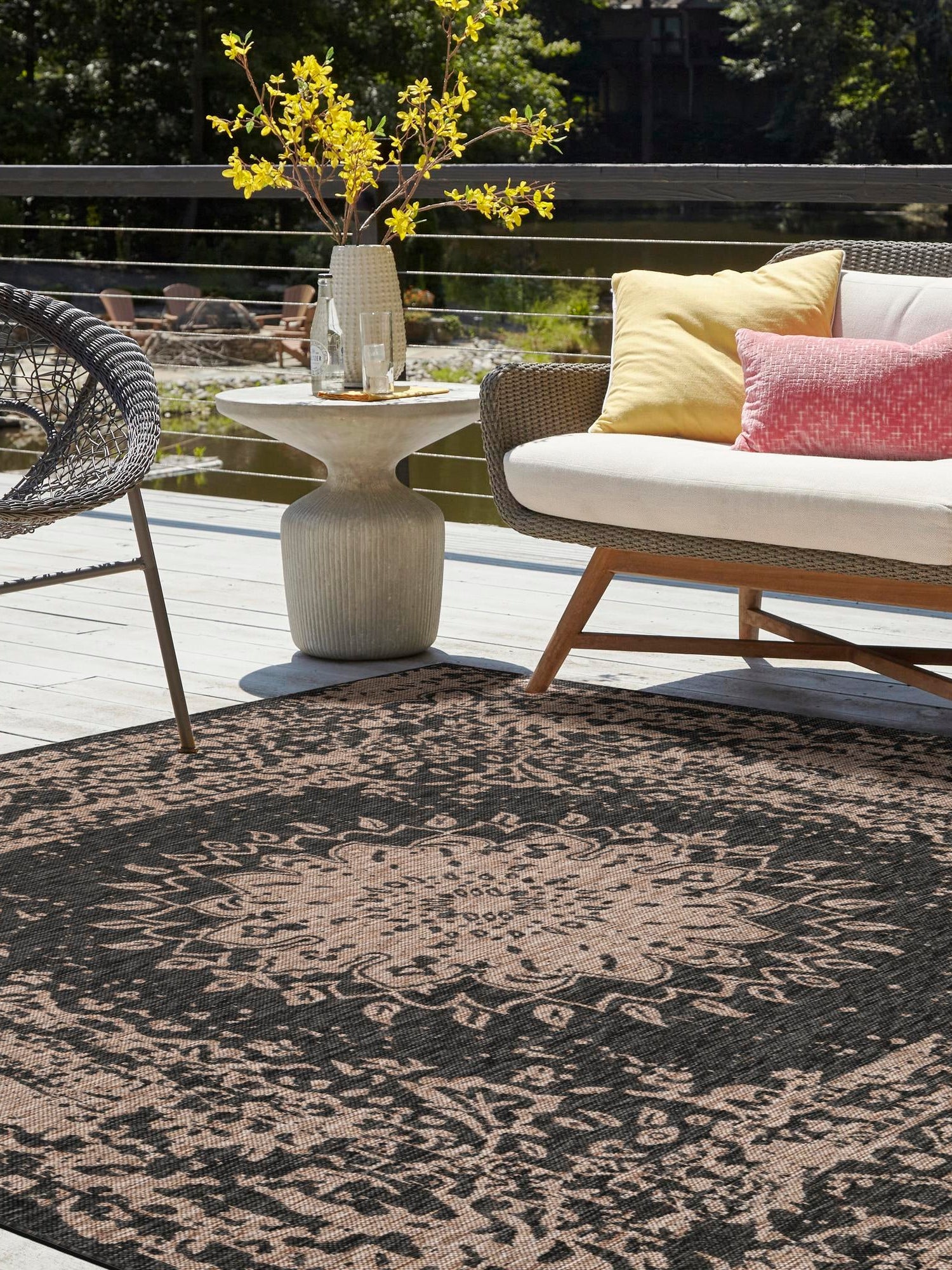 Black 12' x 12' Outdoor Traditional Square Area Rug Weather Resistant for Patio, Deck, Terrace, Balcony, Porch Classical Design Outside Carpet for Sale at Rug Engine