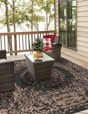 Black 10' x 10' Outdoor Traditional Square Area Rug Weather Resistant for Patio, Deck, Terrace, Balcony, Porch Classical Design Outside Carpet for Sale at Rug Engine