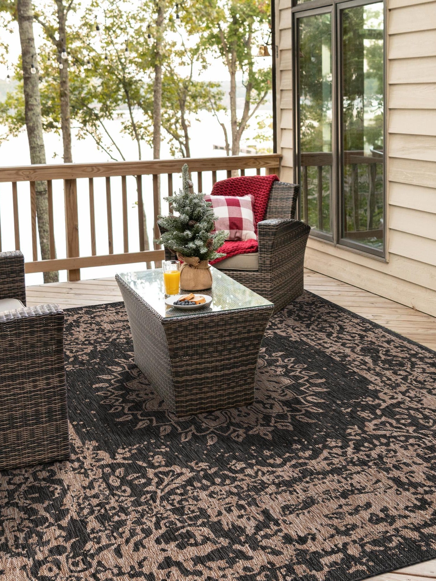 Black 12' x 12' Outdoor Traditional Square Area Rug Weather Resistant for Patio, Deck, Terrace, Balcony, Porch Classical Design Outside Carpet for Sale at Rug Engine
