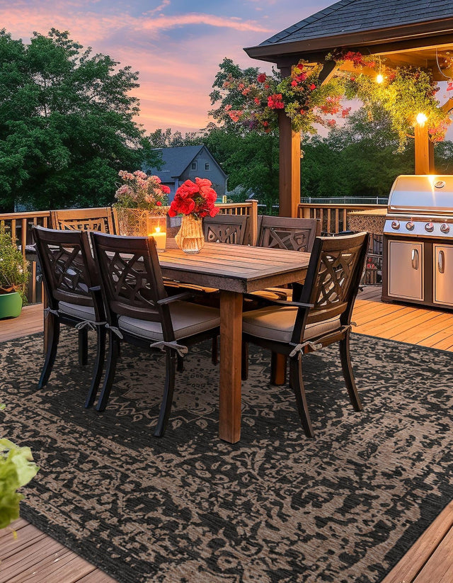 Black 12' x 12' Outdoor Traditional Square Area Rug Weather Resistant for Patio, Deck, Terrace, Balcony, Porch Classical Design Outside Carpet for Sale at Rug Engine