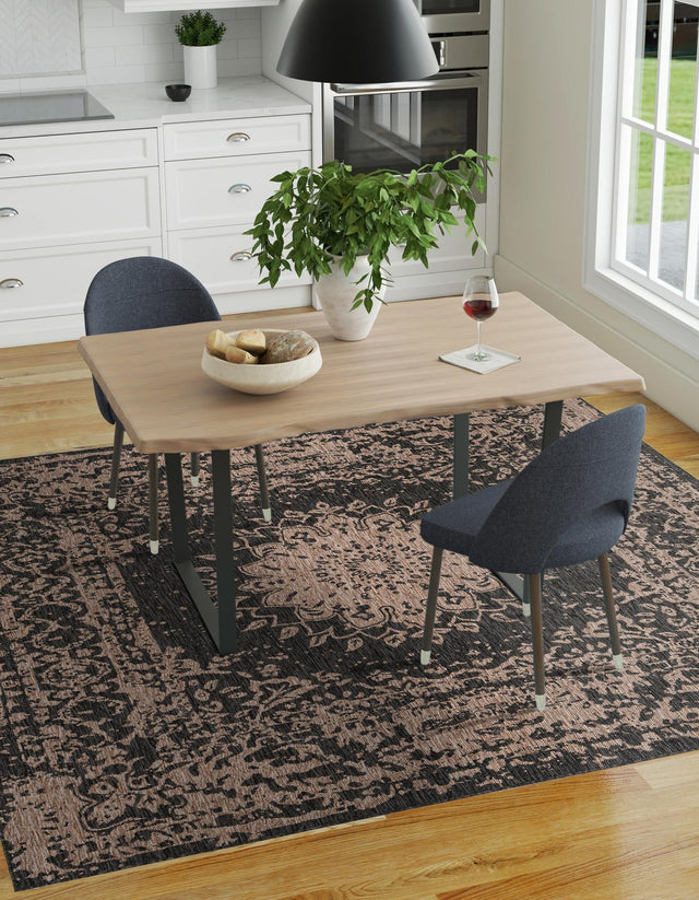 Black 10' x 10' Outdoor Traditional Square Area Rug Weather Resistant for Patio, Deck, Terrace, Balcony, Porch Classical Design Outside Carpet for Sale at Rug Engine