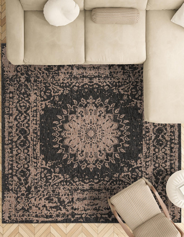 Black 10' x 10' Outdoor Traditional Square Area Rug Weather Resistant for Patio, Deck, Terrace, Balcony, Porch Classical Design Outside Carpet for Sale at Rug Engine