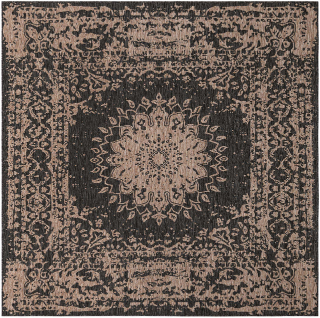 Black 7' 10 x 7' 10 Outdoor Traditional Square Area Rug Weather Resistant for Patio, Deck, Terrace, Balcony, Porch Classical Design Outside Carpet for Sale at Rug Engine