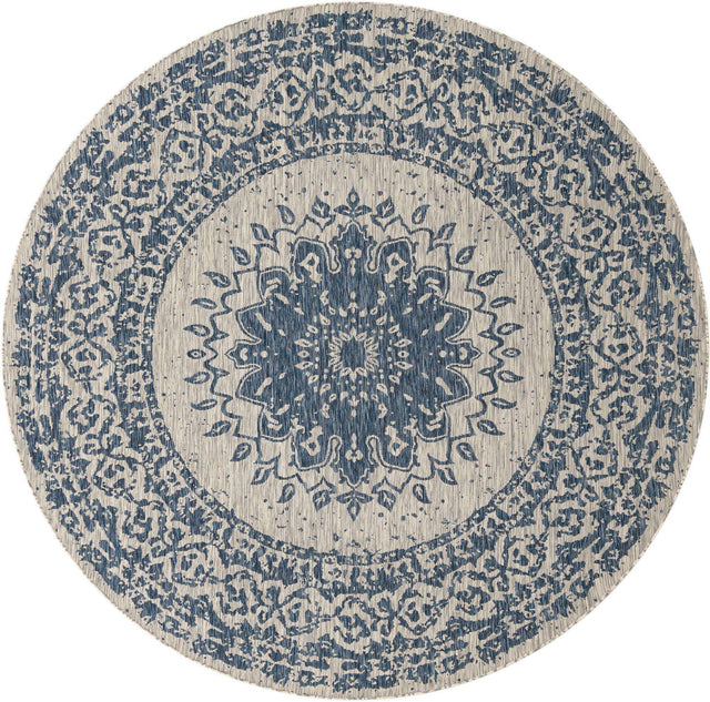 Blue 10' x 10' Outdoor Traditional Round Area Rug Weather Resistant for Patio, Deck, Terrace, Balcony, Porch Classical Design Outside Carpet for Sale at Rug Engine