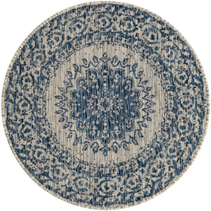 Blue 3' 1 x 3' 1 Outdoor Traditional Round Area Rug Weather Resistant for Patio, Deck, Terrace, Balcony, Porch Classical Design Outside Carpet for Sale at Rug Engine