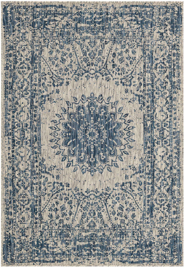 Blue 4' 1 x 6' 1 Outdoor Traditional Rectangle Area Rug Weather Resistant for Patio, Deck, Terrace, Balcony, Porch Classical Design Outside Carpet for Sale at Rug Engine