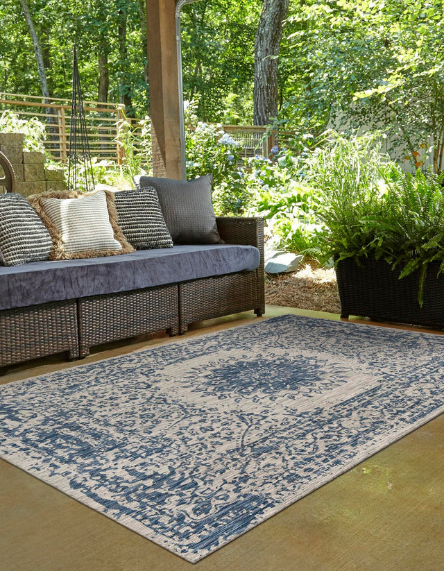 Blue 7' 10 x 10' Outdoor Traditional Rectangle Area Rug Weather Resistant for Patio, Deck, Terrace, Balcony, Porch Classical Design Outside Carpet for Sale at Rug Engine