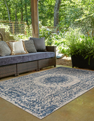 Blue 6' 1 x 9' Outdoor Traditional Rectangle Area Rug Weather Resistant for Patio, Deck, Terrace, Balcony, Porch Classical Design Outside Carpet for Sale at Rug Engine