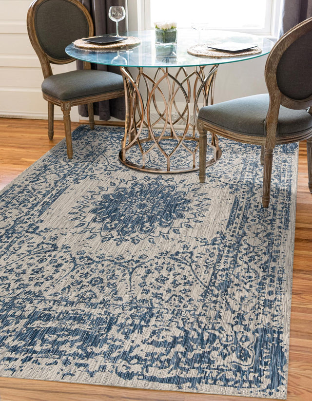 Blue 4' 1 x 6' 1 Outdoor Traditional Rectangle Area Rug Weather Resistant for Patio, Deck, Terrace, Balcony, Porch Classical Design Outside Carpet for Sale at Rug Engine