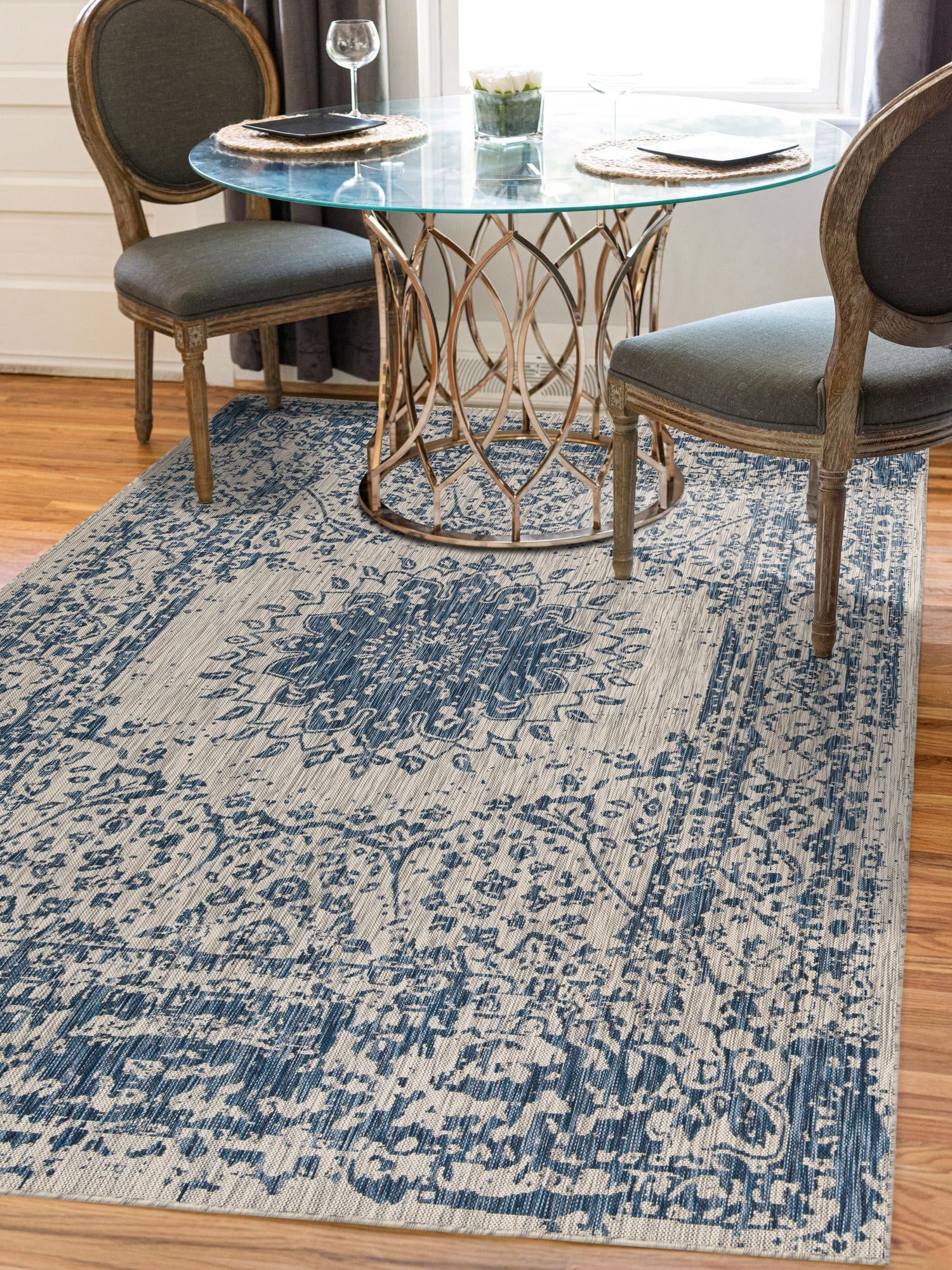 Blue 10' x 14' 1 Outdoor Traditional Rectangle Area Rug Weather Resistant for Patio, Deck, Terrace, Balcony, Porch Classical Design Outside Carpet for Sale at Rug Engine