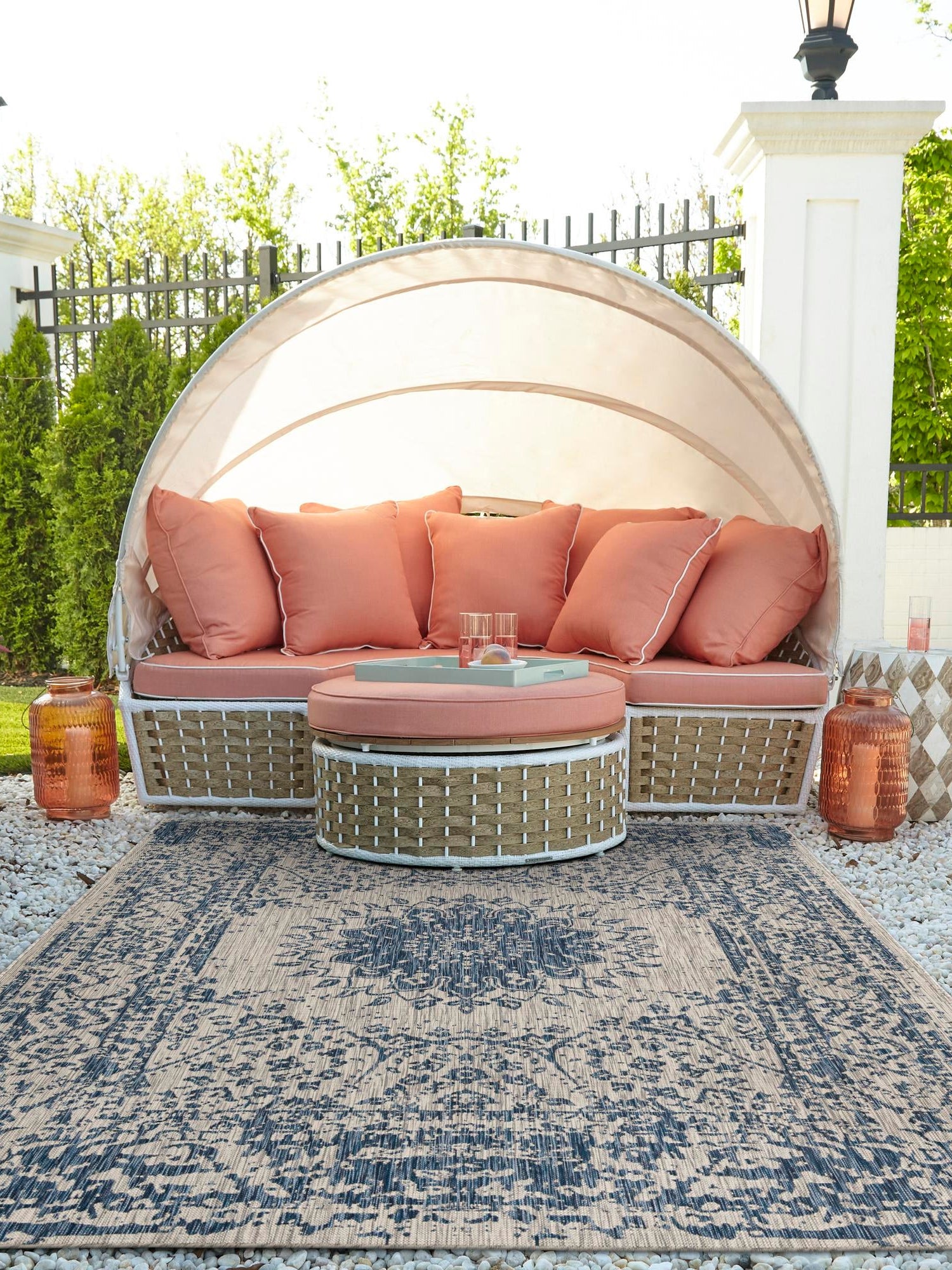 Blue 6' 1 x 9' Outdoor Traditional Rectangle Area Rug Weather Resistant for Patio, Deck, Terrace, Balcony, Porch Classical Design Outside Carpet for Sale at Rug Engine