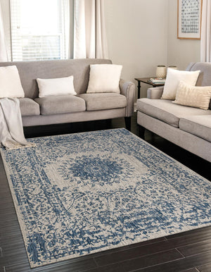 Blue 6' 1 x 9' Outdoor Traditional Rectangle Area Rug Weather Resistant for Patio, Deck, Terrace, Balcony, Porch Classical Design Outside Carpet for Sale at Rug Engine