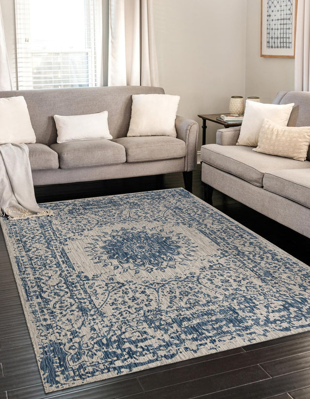 Blue 5' 3 x 8' Outdoor Traditional Rectangle Area Rug Weather Resistant for Patio, Deck, Terrace, Balcony, Porch Classical Design Outside Carpet for Sale at Rug Engine