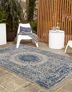 Blue 9' x 12' Outdoor Traditional Rectangle Area Rug Weather Resistant for Patio, Deck, Terrace, Balcony, Porch Classical Design Outside Carpet for Sale at Rug Engine