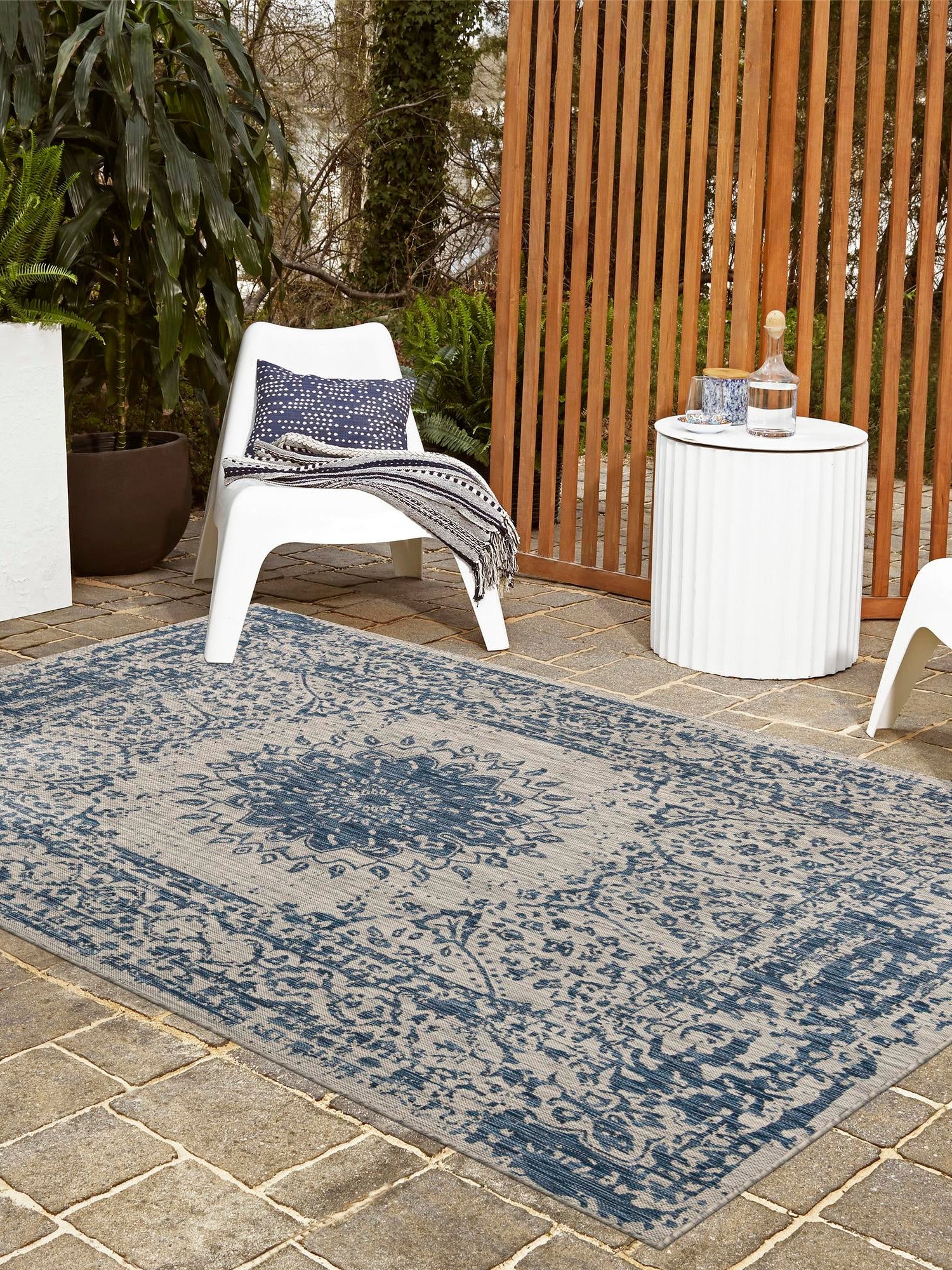 Blue 6' 1 x 9' Outdoor Traditional Rectangle Area Rug Weather Resistant for Patio, Deck, Terrace, Balcony, Porch Classical Design Outside Carpet for Sale at Rug Engine