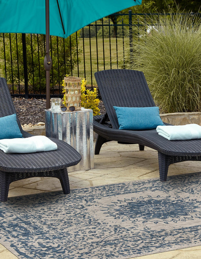 Blue 5' 3 x 8' Outdoor Traditional Rectangle Area Rug Weather Resistant for Patio, Deck, Terrace, Balcony, Porch Classical Design Outside Carpet for Sale at Rug Engine