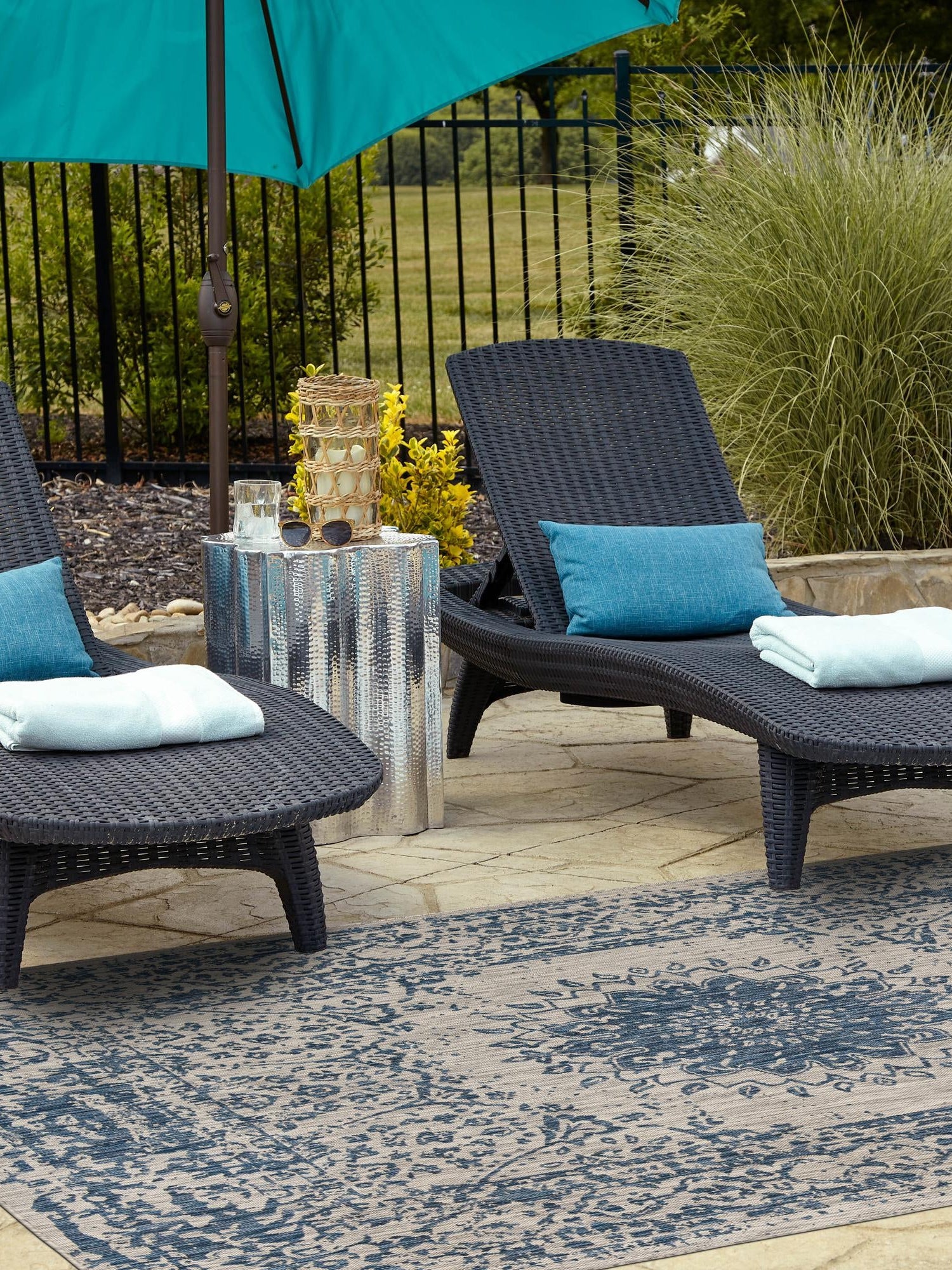 Blue 4' 1 x 6' 1 Outdoor Traditional Rectangle Area Rug Weather Resistant for Patio, Deck, Terrace, Balcony, Porch Classical Design Outside Carpet for Sale at Rug Engine