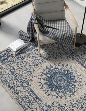 Blue 5' 3 x 8' Outdoor Traditional Rectangle Area Rug Weather Resistant for Patio, Deck, Terrace, Balcony, Porch Classical Design Outside Carpet for Sale at Rug Engine
