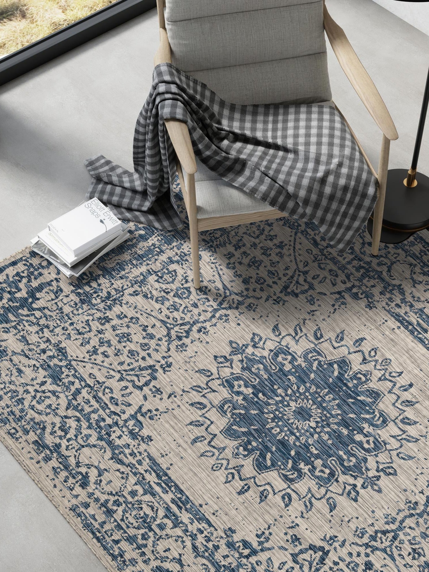 Blue 6' 1 x 9' Outdoor Traditional Rectangle Area Rug Weather Resistant for Patio, Deck, Terrace, Balcony, Porch Classical Design Outside Carpet for Sale at Rug Engine