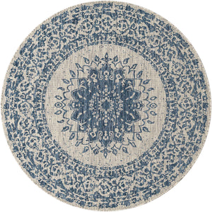 Blue 6' 1 x 6' 1 Outdoor Traditional Round Area Rug Weather Resistant for Patio, Deck, Terrace, Balcony, Porch Classical Design Outside Carpet for Sale at Rug Engine