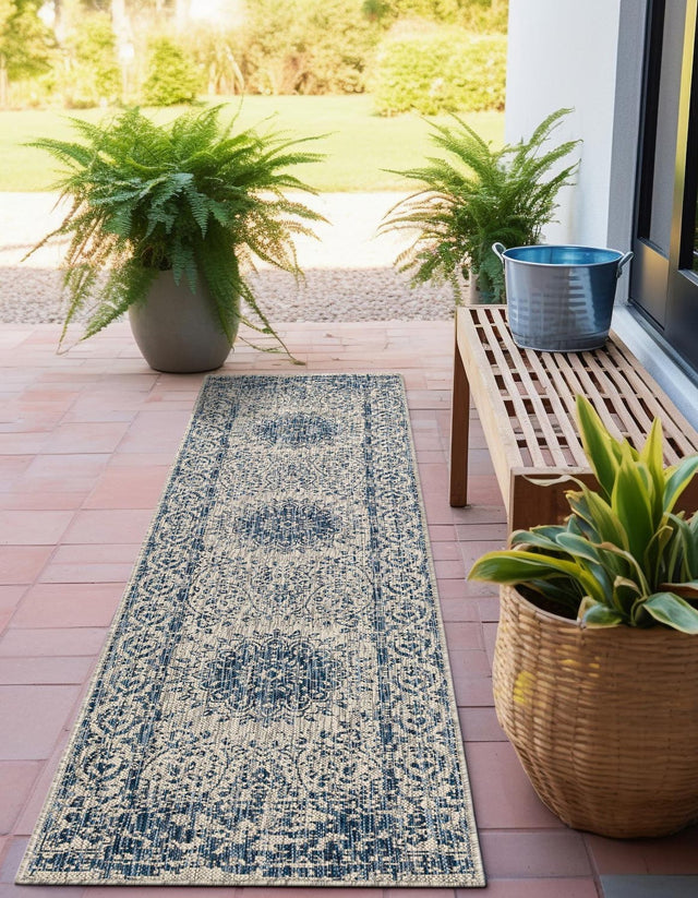 Blue 2' 7 x 12' Outdoor Traditional Runner Area Rug Weather Resistant for Patio, Deck, Terrace, Balcony, Porch Classical Design Outside Carpet for Sale at Rug Engine