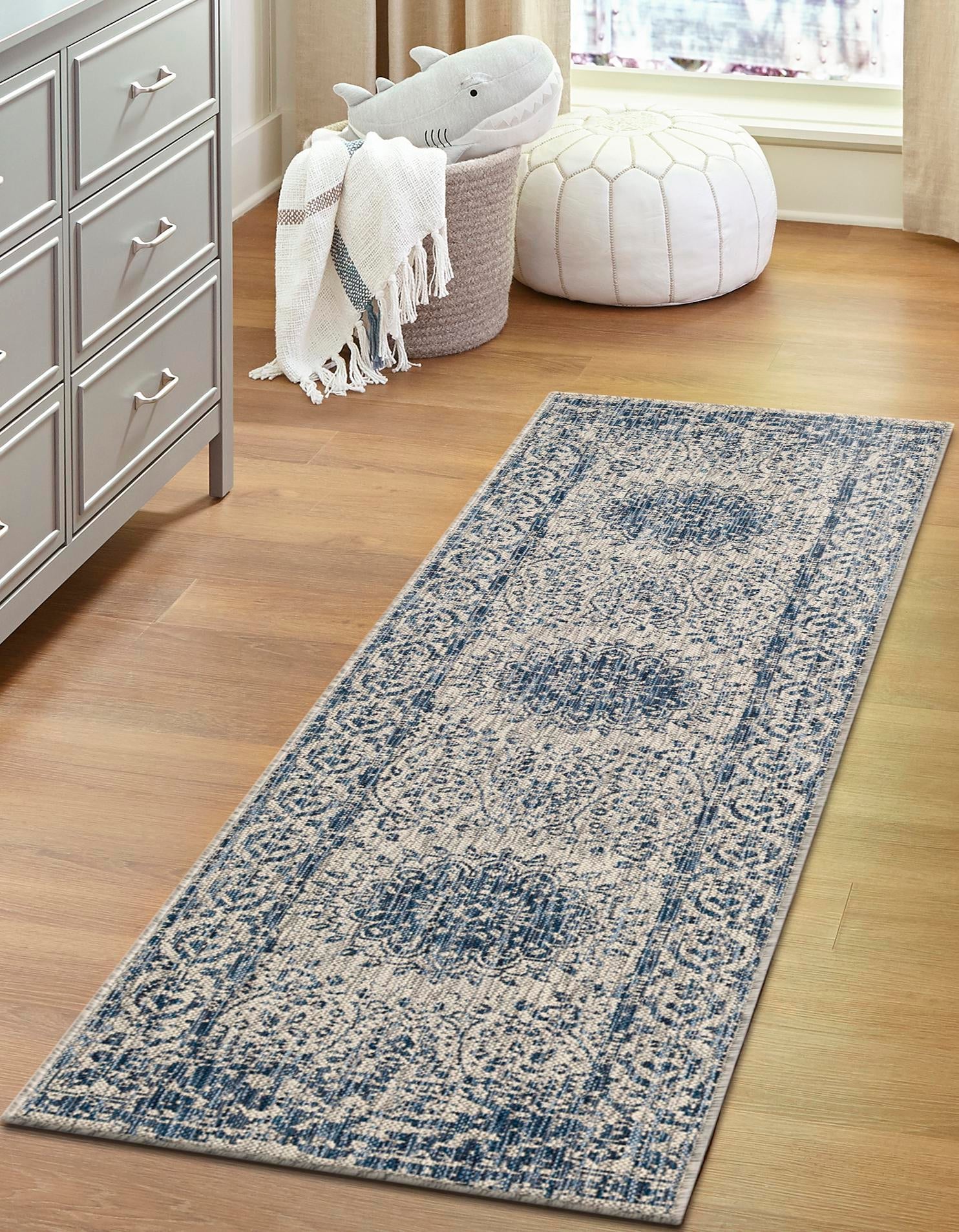 Blue 2' x 6' 1 Outdoor Traditional Runner Area Rug Weather Resistant for Patio, Deck, Terrace, Balcony, Porch Classical Design Outside Carpet for Sale at Rug Engine