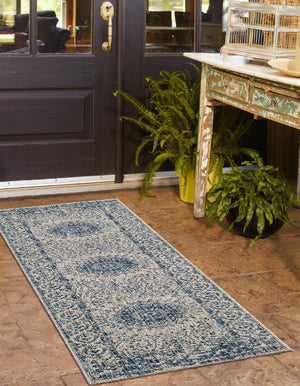 Blue 2' 7 x 12' Outdoor Traditional Runner Area Rug Weather Resistant for Patio, Deck, Terrace, Balcony, Porch Classical Design Outside Carpet for Sale at Rug Engine