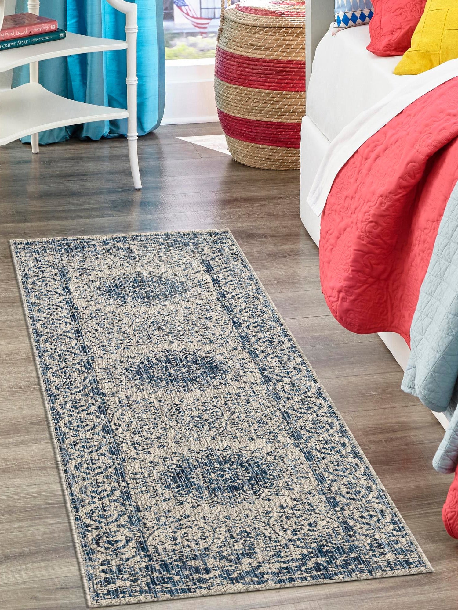 Blue 2' x 6' 1 Outdoor Traditional Runner Area Rug Weather Resistant for Patio, Deck, Terrace, Balcony, Porch Classical Design Outside Carpet for Sale at Rug Engine