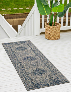Blue 2' 7 x 12' Outdoor Traditional Runner Area Rug Weather Resistant for Patio, Deck, Terrace, Balcony, Porch Classical Design Outside Carpet for Sale at Rug Engine