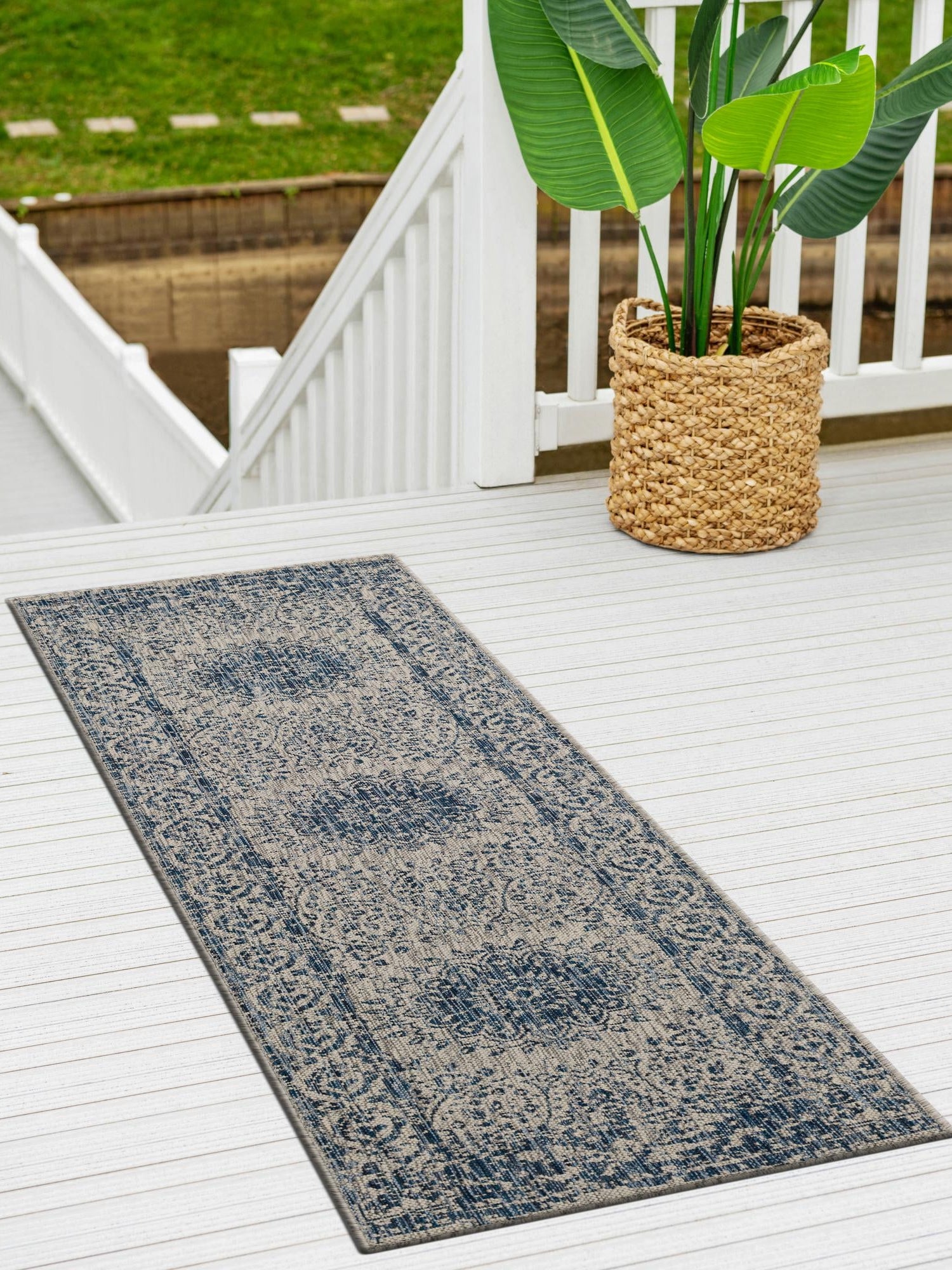 Blue 2' x 5' 3 Outdoor Traditional Runner Area Rug Weather Resistant for Patio, Deck, Terrace, Balcony, Porch Classical Design Outside Carpet for Sale at Rug Engine