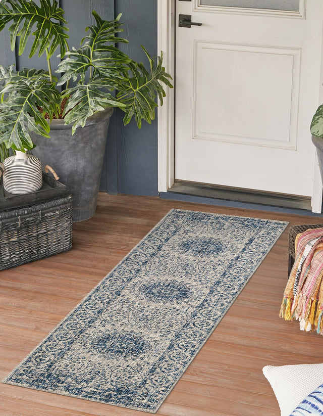 Blue 2' x 4' 1 Outdoor Traditional Runner Area Rug Weather Resistant for Patio, Deck, Terrace, Balcony, Porch Classical Design Outside Carpet for Sale at Rug Engine
