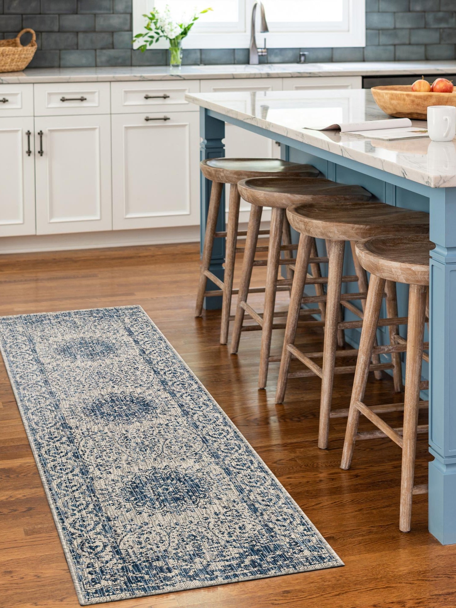 Blue 2' x 8' Outdoor Traditional Runner Area Rug Weather Resistant for Patio, Deck, Terrace, Balcony, Porch Classical Design Outside Carpet for Sale at Rug Engine