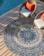 Blue 6' 1 x 6' 1 Outdoor Traditional Round Area Rug Weather Resistant for Patio, Deck, Terrace, Balcony, Porch Classical Design Outside Carpet for Sale at Rug Engine