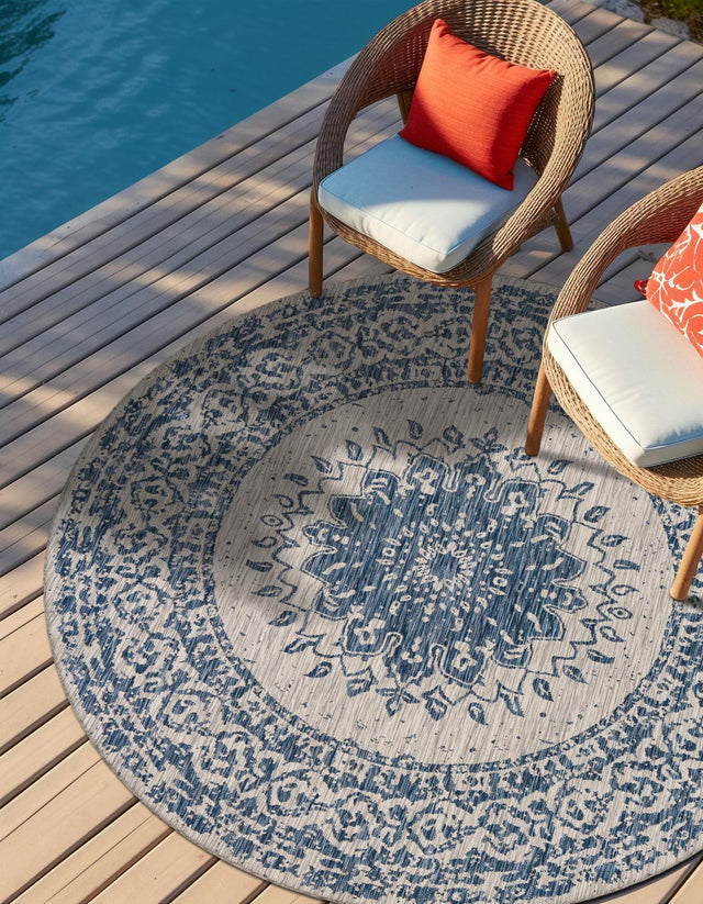 Blue 3' 1 x 3' 1 Outdoor Traditional Round Area Rug Weather Resistant for Patio, Deck, Terrace, Balcony, Porch Classical Design Outside Carpet for Sale at Rug Engine