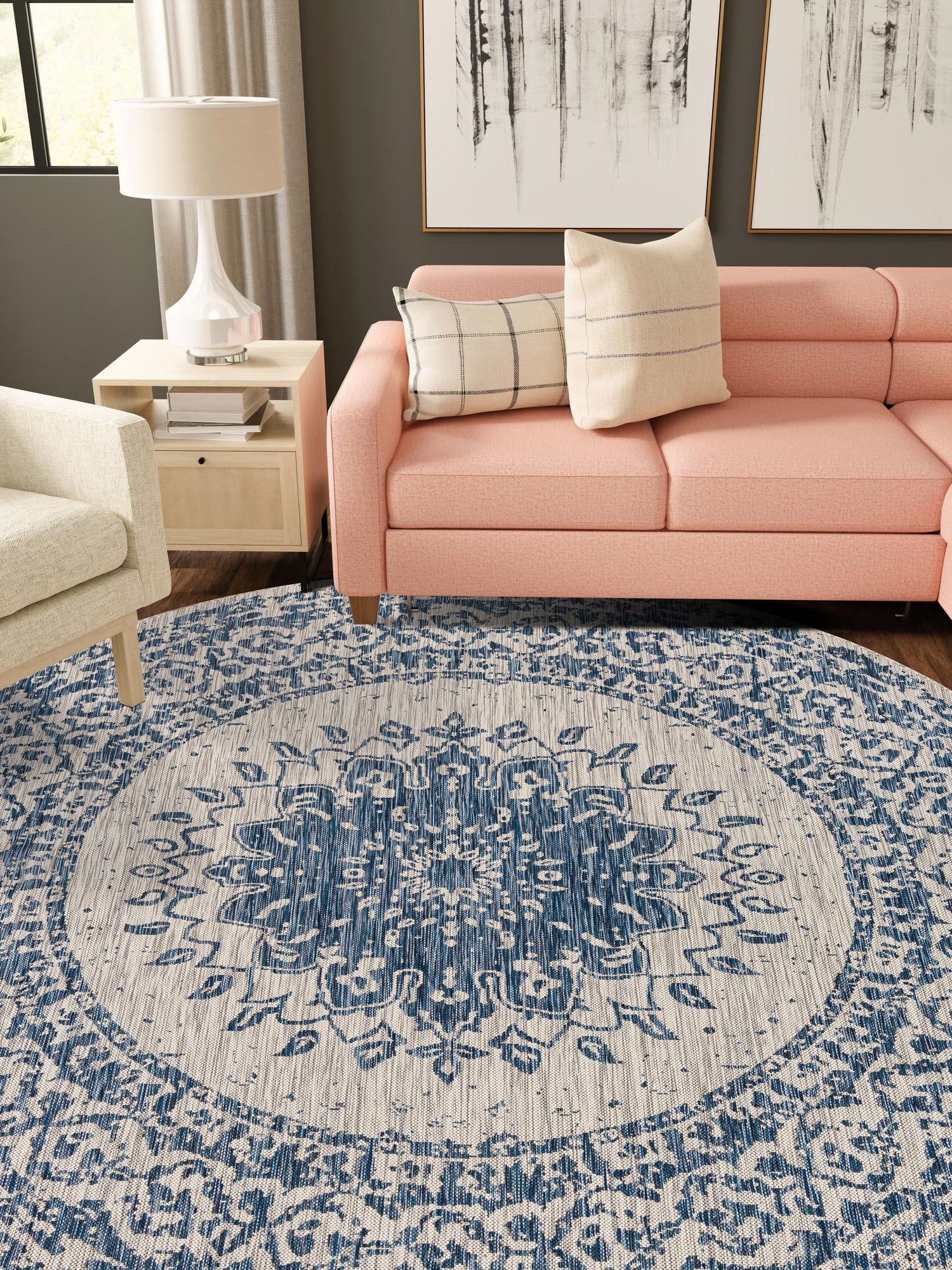 Blue 10' x 10' Outdoor Traditional Round Area Rug Weather Resistant for Patio, Deck, Terrace, Balcony, Porch Classical Design Outside Carpet for Sale at Rug Engine