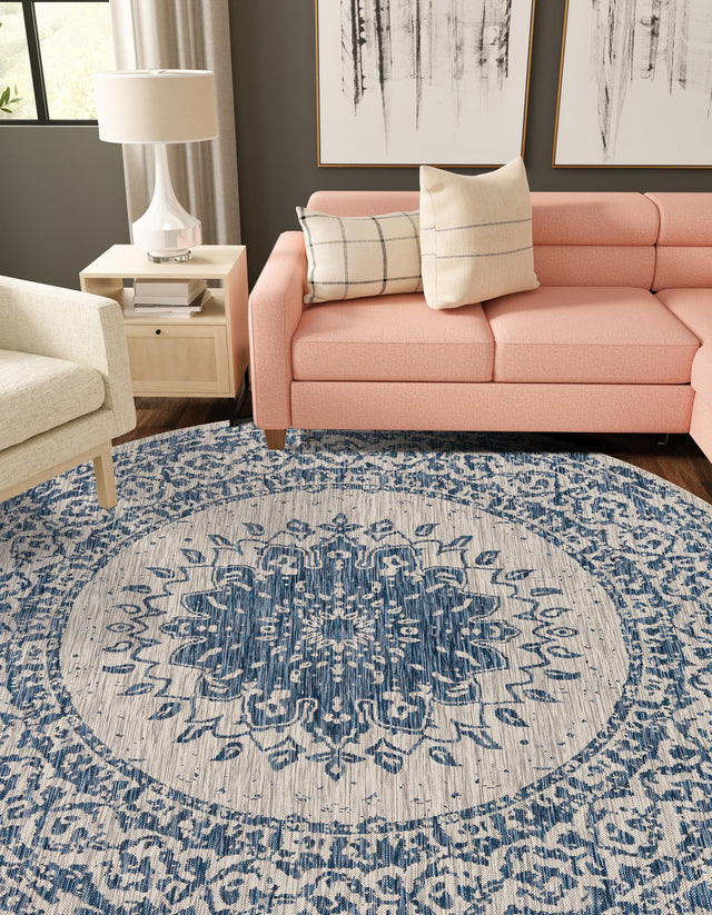 Blue 12' x 12' Outdoor Traditional Round Area Rug Weather Resistant for Patio, Deck, Terrace, Balcony, Porch Classical Design Outside Carpet for Sale at Rug Engine