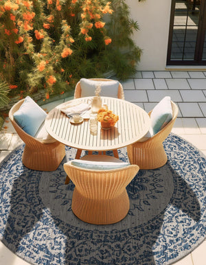 Blue 6' 1 x 6' 1 Outdoor Traditional Round Area Rug Weather Resistant for Patio, Deck, Terrace, Balcony, Porch Classical Design Outside Carpet for Sale at Rug Engine