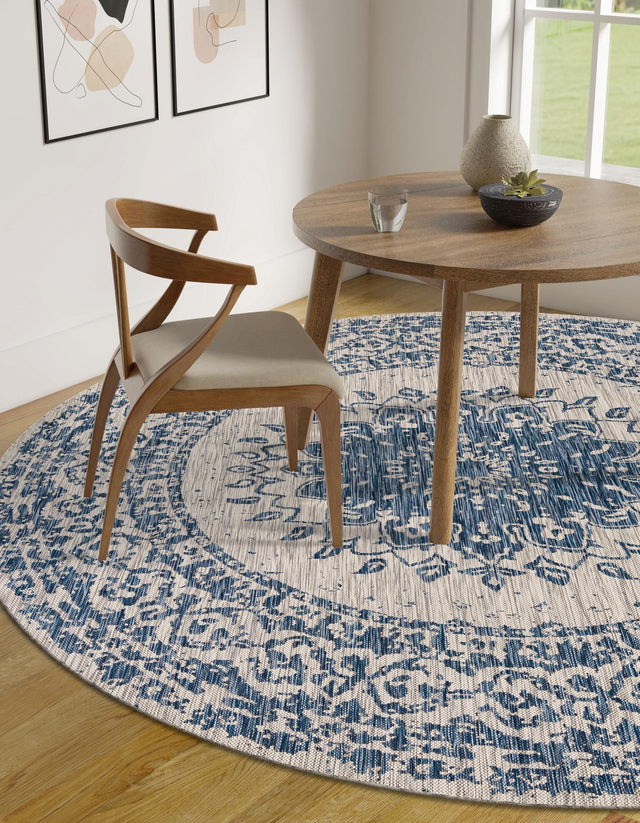 Blue 12' x 12' Outdoor Traditional Round Area Rug Weather Resistant for Patio, Deck, Terrace, Balcony, Porch Classical Design Outside Carpet for Sale at Rug Engine