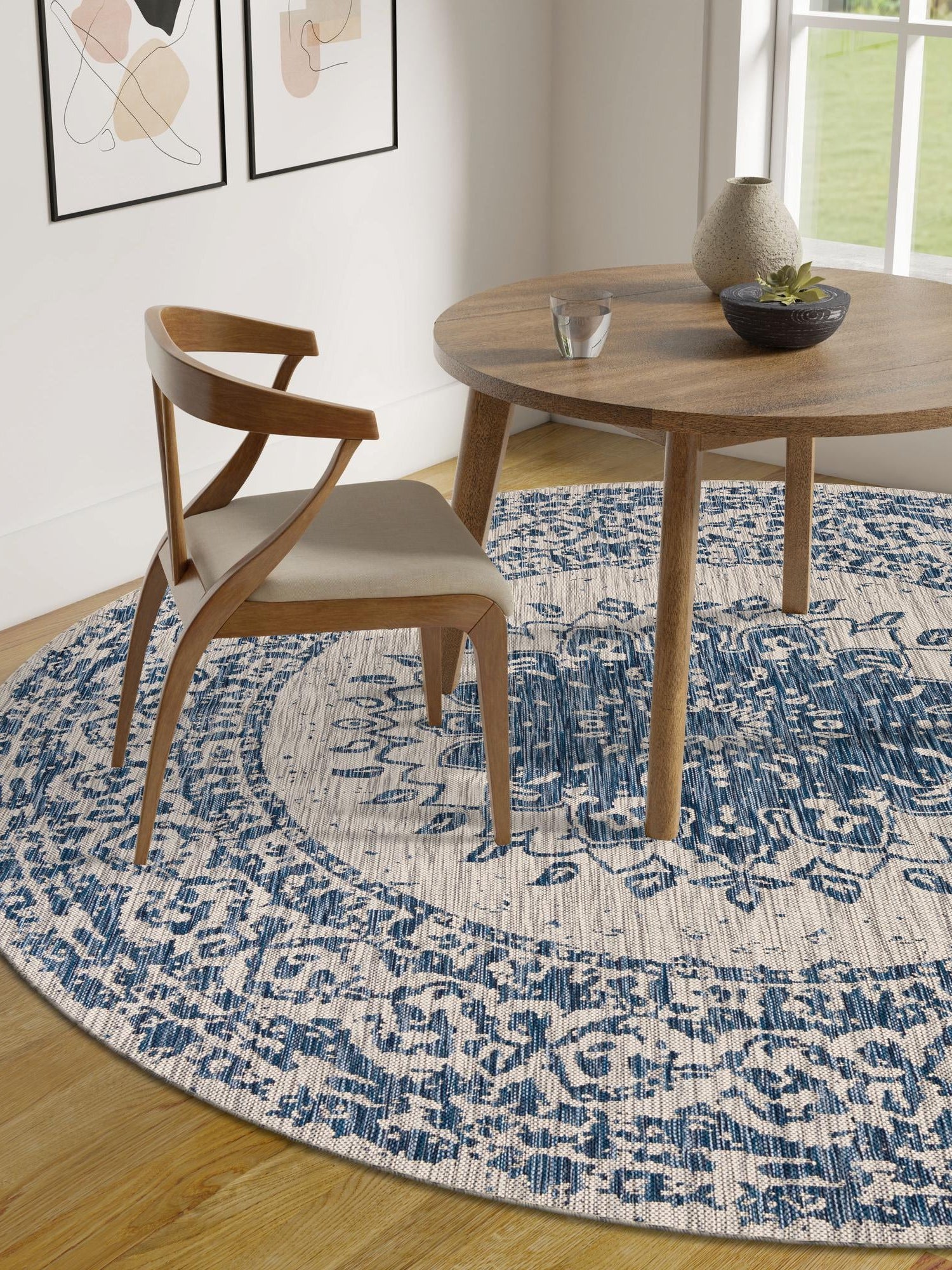 Blue 10' x 10' Outdoor Traditional Round Area Rug Weather Resistant for Patio, Deck, Terrace, Balcony, Porch Classical Design Outside Carpet for Sale at Rug Engine