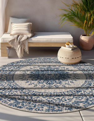 Blue 6' 1 x 6' 1 Outdoor Traditional Round Area Rug Weather Resistant for Patio, Deck, Terrace, Balcony, Porch Classical Design Outside Carpet for Sale at Rug Engine