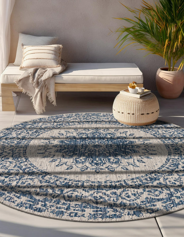 Blue 7' 10 x 7' 10 Outdoor Traditional Round Area Rug Weather Resistant for Patio, Deck, Terrace, Balcony, Porch Classical Design Outside Carpet for Sale at Rug Engine