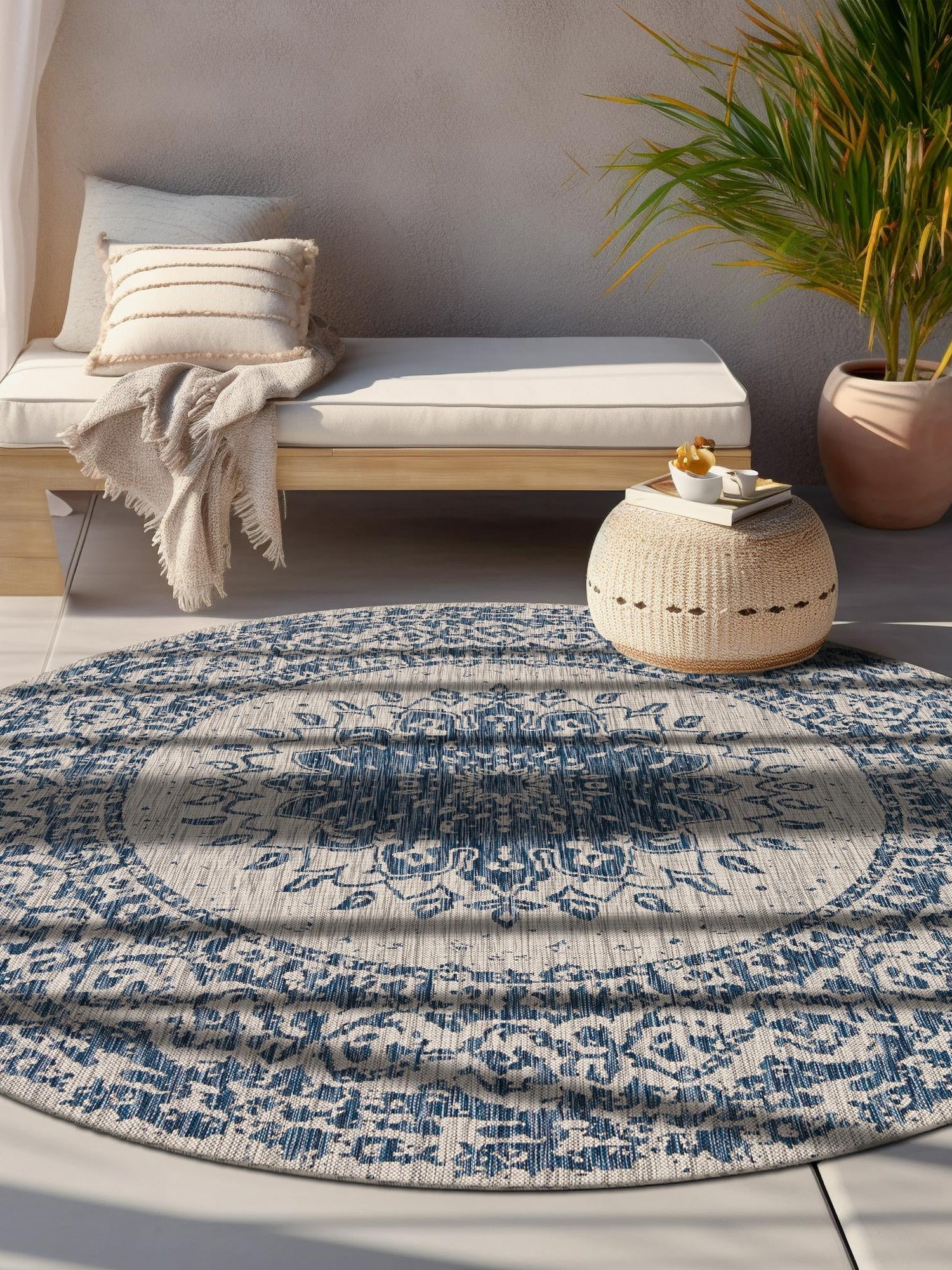 Blue 12' x 12' Outdoor Traditional Round Area Rug Weather Resistant for Patio, Deck, Terrace, Balcony, Porch Classical Design Outside Carpet for Sale at Rug Engine