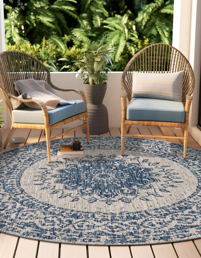 Blue 3' 1 x 3' 1 Outdoor Traditional Round Area Rug Weather Resistant for Patio, Deck, Terrace, Balcony, Porch Classical Design Outside Carpet for Sale at Rug Engine