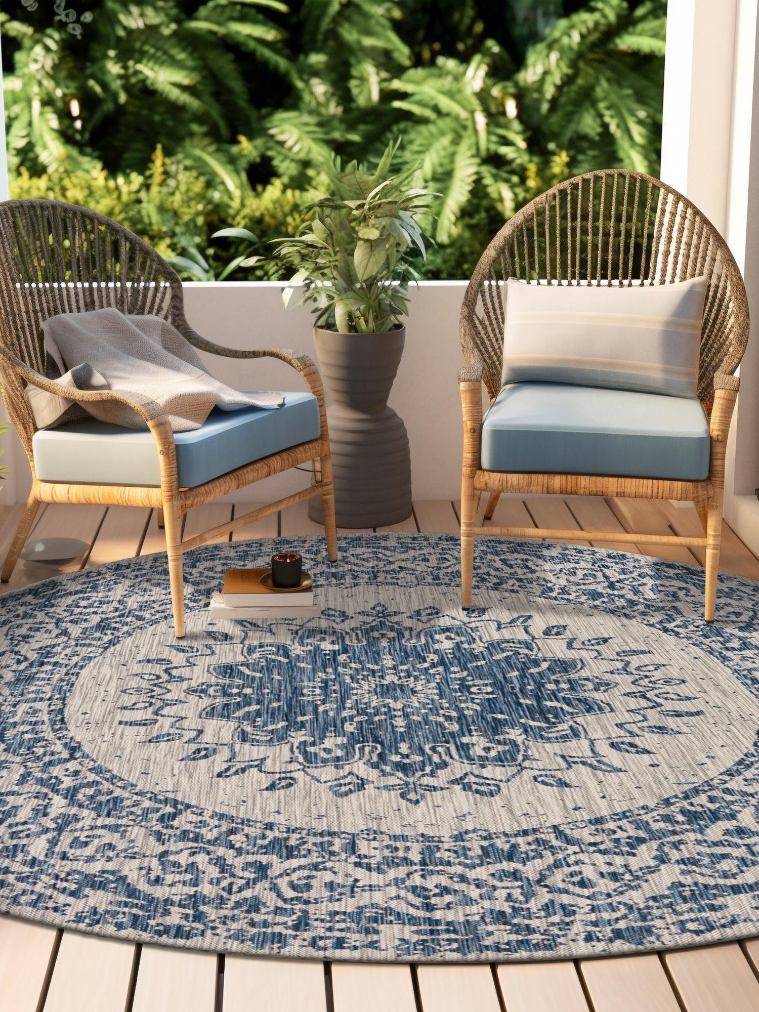 Blue 10' x 10' Outdoor Traditional Round Area Rug Weather Resistant for Patio, Deck, Terrace, Balcony, Porch Classical Design Outside Carpet for Sale at Rug Engine