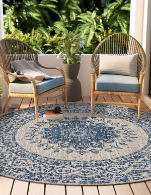 Blue 10' x 10' Outdoor Traditional Round Area Rug Weather Resistant for Patio, Deck, Terrace, Balcony, Porch Classical Design Outside Carpet for Sale at Rug Engine