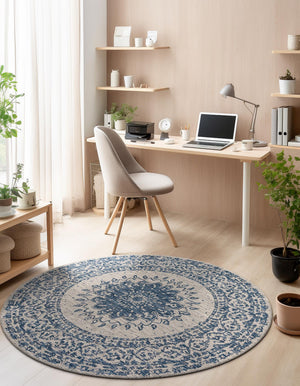 Blue 12' x 12' Outdoor Traditional Round Area Rug Weather Resistant for Patio, Deck, Terrace, Balcony, Porch Classical Design Outside Carpet for Sale at Rug Engine