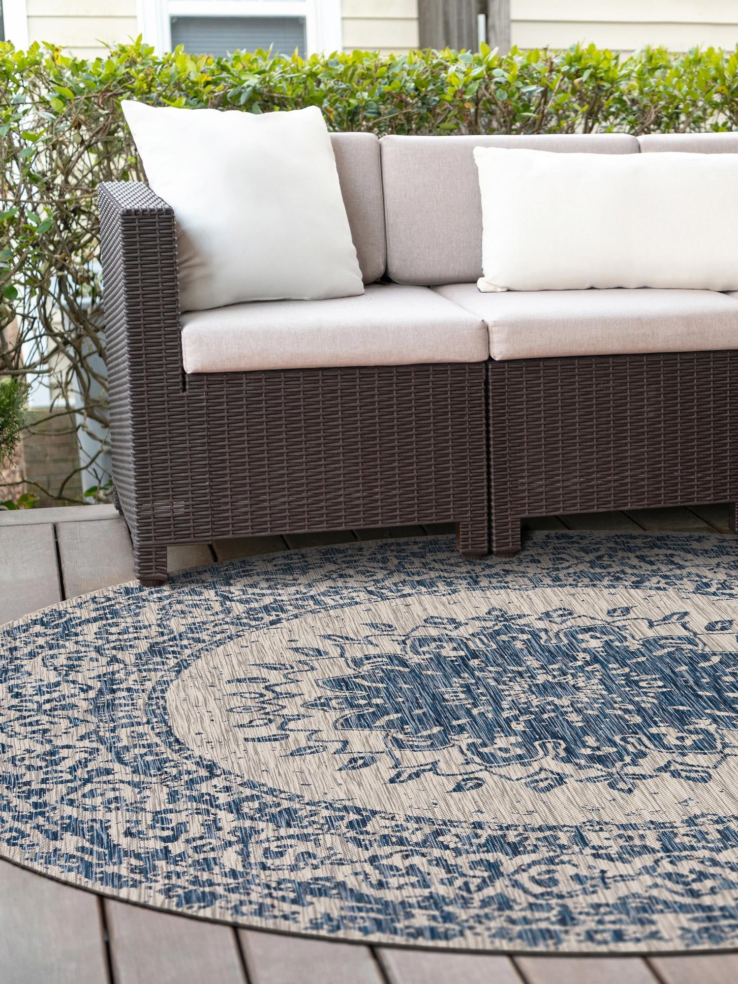 Blue 12' x 12' Outdoor Traditional Round Area Rug Weather Resistant for Patio, Deck, Terrace, Balcony, Porch Classical Design Outside Carpet for Sale at Rug Engine