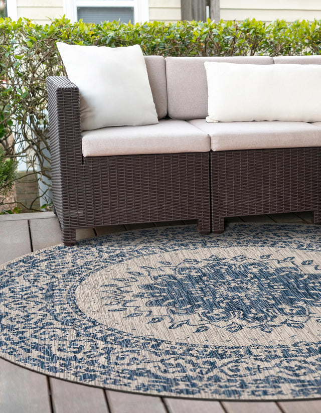 Blue 12' x 12' Outdoor Traditional Round Area Rug Weather Resistant for Patio, Deck, Terrace, Balcony, Porch Classical Design Outside Carpet for Sale at Rug Engine