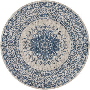 Blue 7' 10 x 7' 10 Outdoor Traditional Round Area Rug Weather Resistant for Patio, Deck, Terrace, Balcony, Porch Classical Design Outside Carpet for Sale at Rug Engine